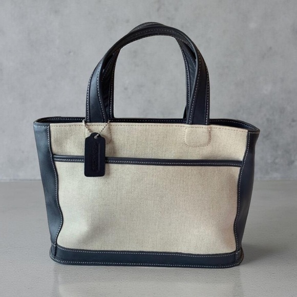 Coach Linen Canvas & Navy Satchel Purse - Picture 1 of 11